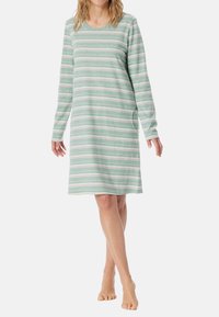 Nottola lunga a maniche lunghe a strisce verde menta e bianco con tasche, tessuto morbido, lunghezza al ginocchio, scollatura rotonda, vestibilità casual.