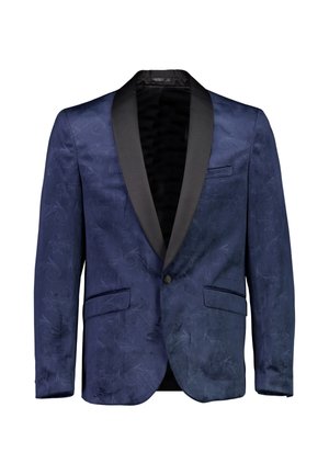 Blazer bleu marine avec un revers châle en satin noir, motif paisley subtil, deux poches avant, fermeture à un bouton, tissu texturé.