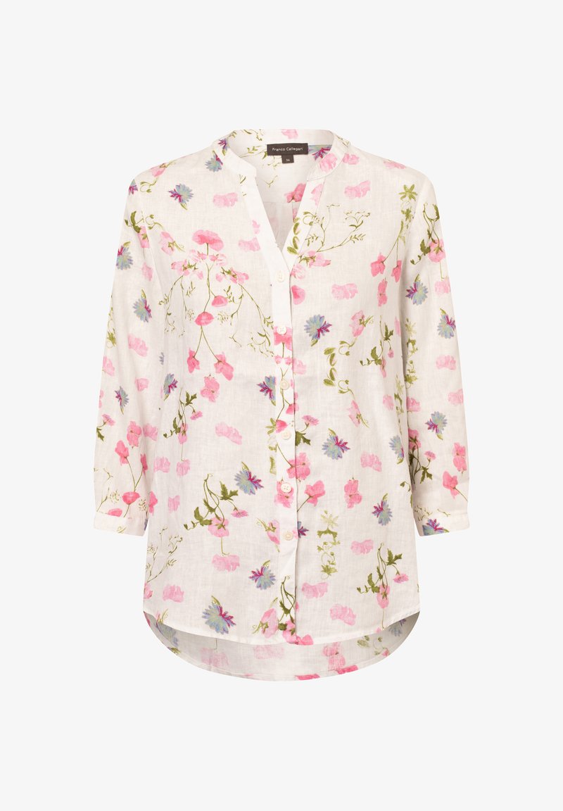 White linen shirt with pink and blue floral pattern, long sleeves, button front, and curved hem. Lightweight, breathable fabric.