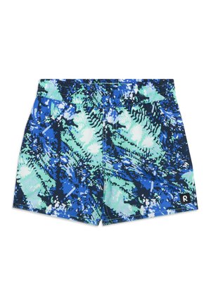 Pantaloni scurți de baie pentru băieți cu talie elastică, cu imprimeu tropical abstract albastru, verde și alb și un mic logo al brandului pe tiv.