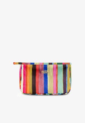 Gekleurd gestreept zakje in verschillende tinten, gemaakt van zachte stof. Heeft een bovenste ritssluiting en een gouden "oilily"-logo aan de voorkant.