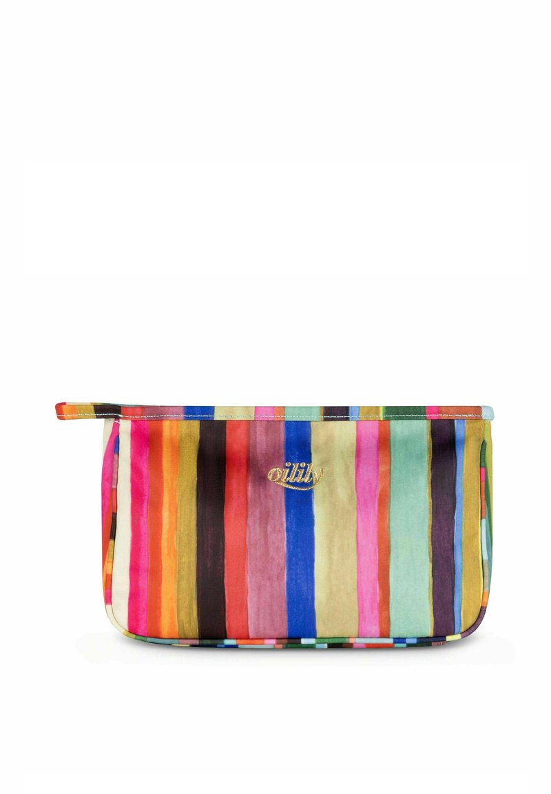 Bunte, gestreifte Tasche in verschiedenen Farbtönen, aus weichem Stoff gefertigt. Verfügt über einen oberen Reißverschluss und ein goldfarbenes "oilily"-Logo auf der Vorderseite.