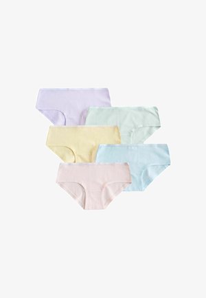 Fem par kvinders bomulds hipster trusser i pastelfarver: lavendel, mintgrøn, gul, lyseblå og sart lyserød, arrangeret overlap.