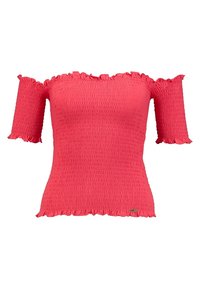 Off-shoulder top i lys pink med smocket tekstur, korte ærmer og bølgede kanter. Har en lille logoaccent nær kanten.