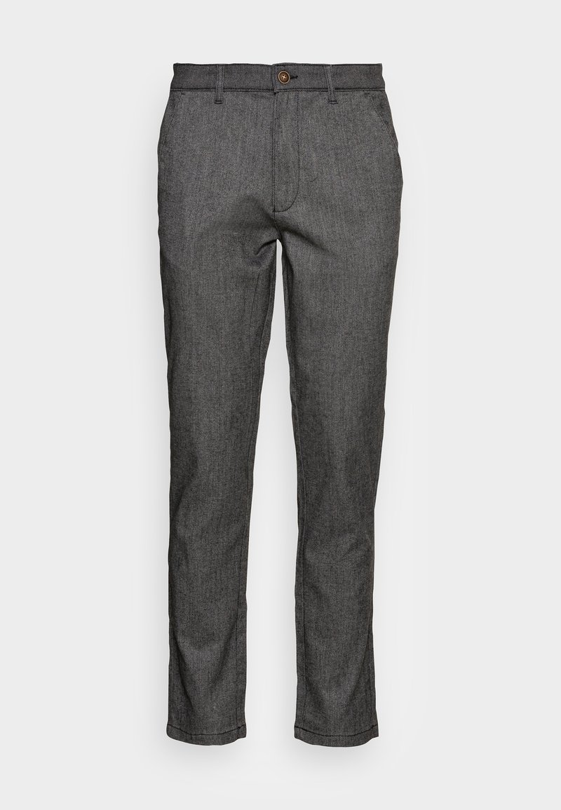 Chinos gris avec un tissu texturé, présentant une coupe droite, des passants de ceinture, une fermeture à bouton à l'avant et des poches latérales.