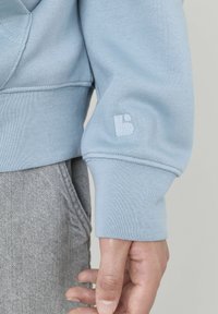 Sweatshirt bleu clair avec des poignets côtelés, arborant un petit logo blanc brodé sur la manche gauche. Matière douce en mélange de coton.
