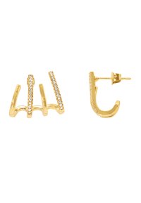Boucles d'oreilles dorées avec un design géométrique comprenant trois barres courbes et des rhinestones scintillants le long des bords pour l'accent.