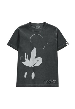 Ciemnoszara koszulka z krótkim rękawem z dużym, minimalistycznym konturem twarzy Myszki Miki i napisem „Mickey” w pobliżu brzegu na białym tle.