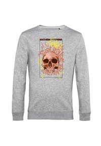 Felpa grigia con una grafica centrale di un teschio, decorata con spruzzi di vernice arancione e gialla e il testo "SOUTHERN CALIFORNIA" sopra.