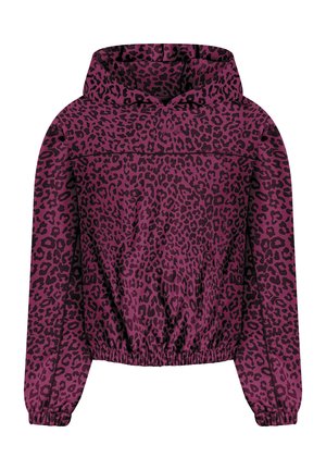 Giacca con cappuccio viola con motivo a stampa leopardo nero, polsini elastici e vita elastica.