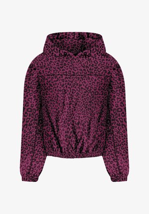 Giacca con cappuccio viola con motivo a stampa leopardo nero, polsini elastici e vita elastica.
