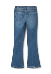 Jean flare en denim bleu avec une taille mi-haute, deux poches arrière et une finition légèrement délavée. Bords ourlés en bas.
