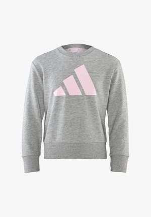 Sudadera gris clara de manga larga con puños y bajo acanalados, con un gran logo rosa de tres rayas centrado en la parte delantera.