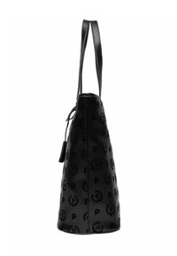 Borsa a tracolla in pelle nera con una forma slanciata e elegante. Presenta loghi in rilievo, una sola tracolla e una superficie liscia.