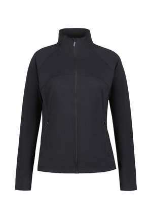 Sort langærmet jakke med lynlås og høj krave samt lynlåslommer på siden, vist mod en hvid baggrund.