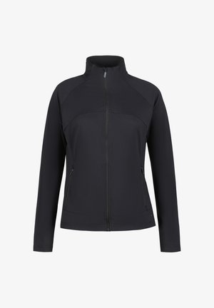 Zwarte lange mouwen jas met rits, hoge kraag en met rits afgesloten zijzakken, getoond tegen een witte achtergrond.