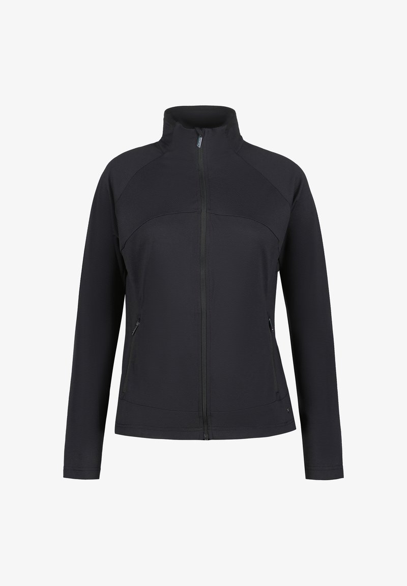 Czarna, rozpinana na zamek kurtka z długim rękawem, wysokim kołnierzem i zapinanymi na zamek bocznymi kieszeniami, prezentowana na białym tle.