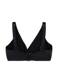 Reggiseno nero in tessuto morbido, con coppe a forma di V, spalline regolabili e chiusura frontale. Texture liscia, design minimalista.