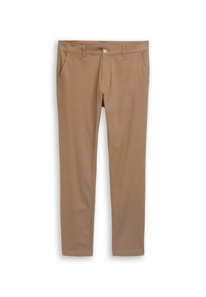Beige katoenen broek met een smalle pasvorm, voorzien van twee voorzakken, een enkele knoopsluiting en subtiele stikdetails langs de naden.