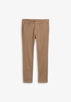 Beige katoenen broek met een smalle pasvorm, voorzien van twee voorzakken, een enkele knoopsluiting en subtiele stikdetails langs de naden.