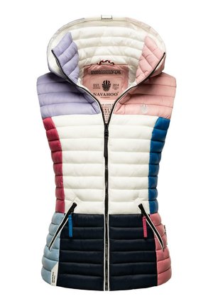 Gevoerde vest met een capuchon, voorzien van een kleurblokontwerp in paars, roze, crème, blauw en marineblauw. Het heeft ritssluitingen in de zakken en een rits aan de voorkant.