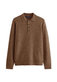 Brauner gerippter Pullover mit einem Polokragen, ausgestattet mit vier Knöpfen und langen Ärmeln. Weiche Textur, lockere Passform und einfarbig.
