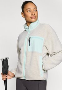 Ζακέτα από φλις σε ανοιχτό γκρι με τσέπη με φερμουάρ σε μέντα πράσινο. Διαθέτει όρθιο γιακά, κλείσιμο με φερμουάρ και πλευρικές τσέπες. Κρατούνται μαύρα μπαστούνια πεζοπορίας.