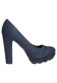 Námořnická modrá lodička na vysokém podpatku s kulatou špi�čkou, materiál podobný semiši, platforma v přední části a masivní podpatek. Hladký povrch bez viditelných vzorů.