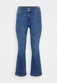 Blugi din denim albastru, cu tiv evazat și talie înaltă, având două buzunare frontal, închidere cu buton și un material texturat cu estompare subtilă.