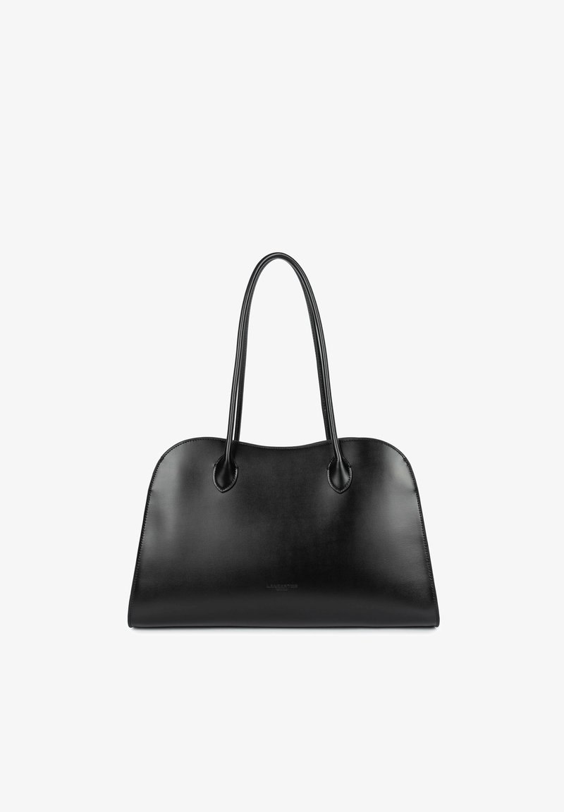 Sac à main en cuir noir avec doubles longues poignées et une forme rectangulaire lisse et courbée, présenté sur fond blanc.