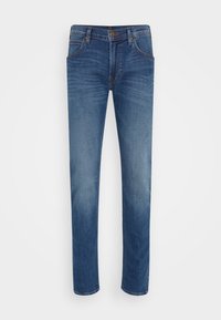 Jeans de mezclilla azul oscuro con un corte recto, que cuentan con un diseño clásico de cinco bolsillos y un sutil efecto desgastado en los muslos.