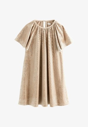 Vestido de terciopelo beige con mangas cortas y anchas, escote fruncido y un patrón de lunares plateados metálicos en toda la tela.