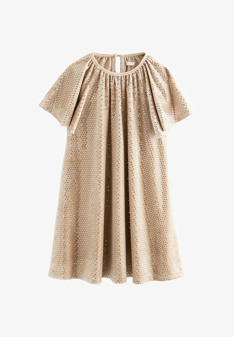 Beiges Samtkleid mit kurzen, weiten Ärmeln, gerafftem Ausschnitt und metallisch silbernem Punkte-Muster auf dem gesamten Stoff.