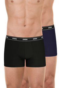 Caleçons boxers noirs et bleu marine avec une taille contrastante noire arborant le nom de la marque "ATHENA" en lettres blanches. Tissu doux et extensible.
