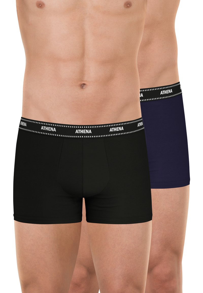 Caleçons boxers noirs et bleu marine avec une taille contrastante noire arborant le nom de la marque "ATHENA" en lettres blanches. Tissu doux et extensible.