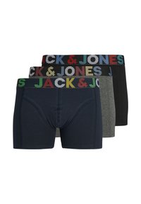 Tres pares de calzoncillos para hombre en navy, gris y negro. Cada uno presenta cinturillas elásticas con el logo "JACK & JONES" en letras multicolores.