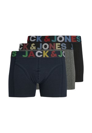 Drei Paare Herren-Boxershorts in Marineblau, Grau und Schwarz. Jede verfügt über einen elastischen Bund mit dem Logo "JACK & JONES" in mehrfarbigen Buchstaben.