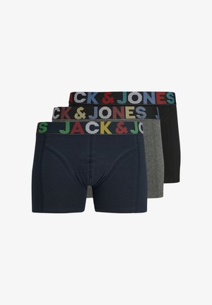 Three pairs of men's boxer shorts in navy, grey, and black. Each features elastic waistbands with "JACK & JONES" logo in multicolored letters.