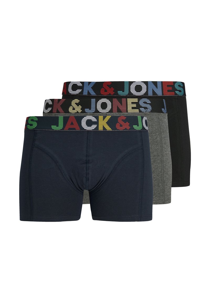 Tres pares de calzoncillos para hombre en navy, gris y negro. Cada uno presenta cinturillas elásticas con el logo "JACK & JONES" en letras multicolores.