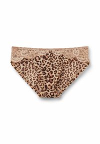 Culottes en imprimé léopard avec un corps en tissu lisse et une bordure en dentelle à la taille. Présente un design sans couture et une texture douce.