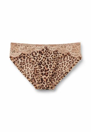 Luipaardprint onderbroek met een gladde stof en een kantafwerking op de tailleband. Heeft een naadloos ontwerp en een zachte textuur.