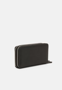 Black leather wallet with a textured surface, rectangular shape, double zipper closure, and a slim profile for easy storage.