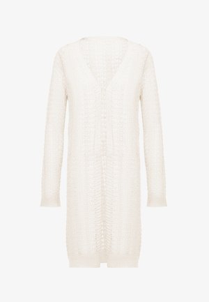 Horgolt kardigán tört fehér színben, V-nyakkal, hosszú ujjal és nyitott elülső résszel. Texturált mintázattal és bordázott mandzsettával valamint alsó résszel rendelkezik.