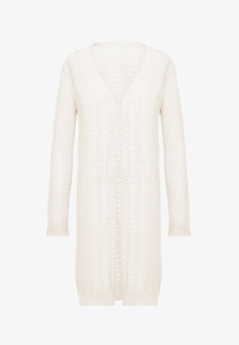 Strickcardigan in Off-White mit V-Ausschnitt, langen Ärmeln und offener Front. Verfügt über ein strukturiertes Muster sowie gerippte Bündchen und Saum.
