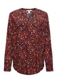 Langærmet V-hals bluse med en marineblå baggrund, prydet med et blomsterprint i rød, pink og grøn. Blødt stof med en afslappet pasform.