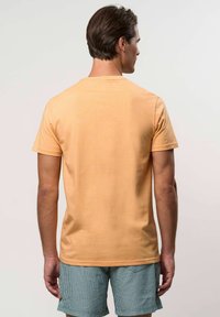 Rövid barna hajú férfi háttal áll, egyszínű barackszínű, rövid ujjú pólót és zöld-fehér csíkos sortot visel.