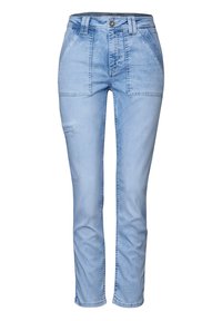 Ljusblå denimjeans med rak bendesign, försedd med framfickor och dragkedja. Slät textur med minimal slitage.