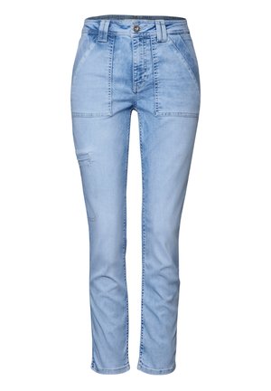 Jeans in denim azzurro chiaro con un design a gamba dritta, dotati di tasche anteriori e chiusura con zip. Tessuto liscio con minimo effetto vissuto.