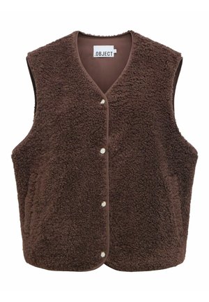 Brown sleeveless fleece vest with front snap buttons and side pockets, featuring a V-neck and soft textured fabric.