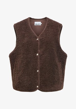 Rjava brezrokavnik iz flisa s prednjimi gumbi na pritiskače in stranskimi žepi, z V-izrezom in mehko teksturo tkanine.